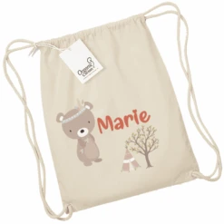 Schnullireich Kindergartenbeutel / Stoffbeutel / Turnbeutel Mit Namen Bär Natur
