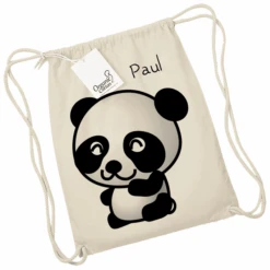 Schnullireich Kindergartenbeutel / Stoffbeutel / Turnbeutel Mit Namen Panda-Bär Natur